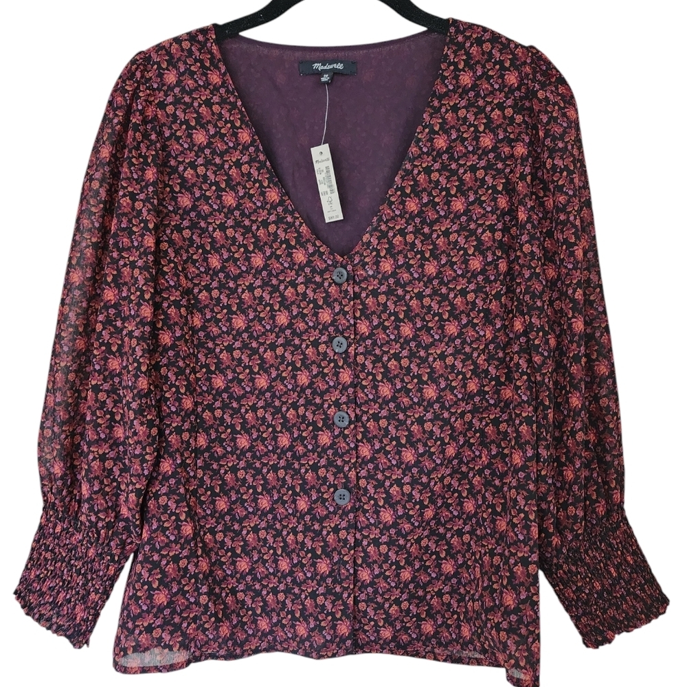 MADEWELL Orchard Floral Smocked Cuff Button-Up Top, size 00, purple/orange - Picture 2 of 7